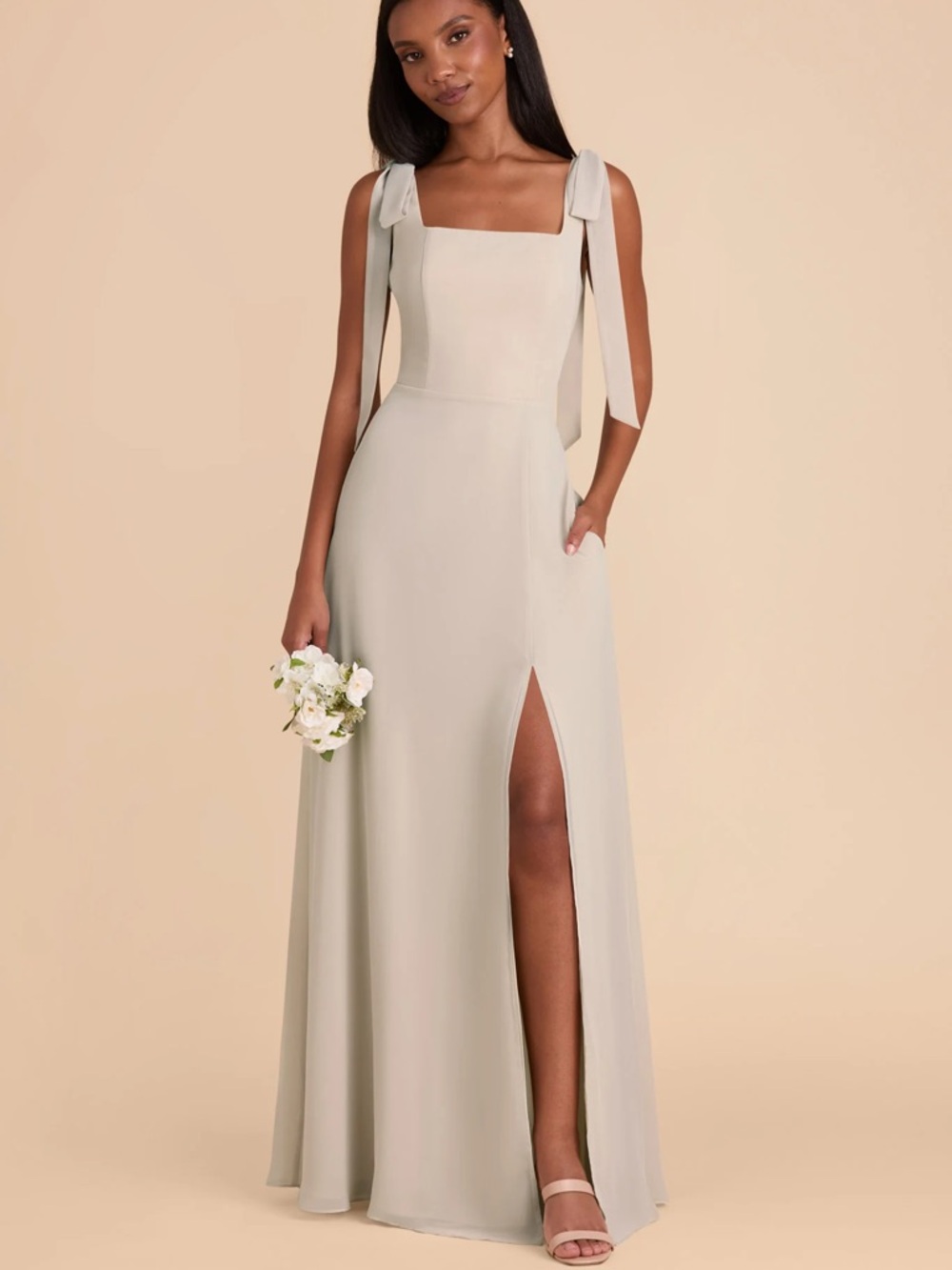 Birdy Grey Tie-Shoulder Square-Neck A-Line Dress in Taupe